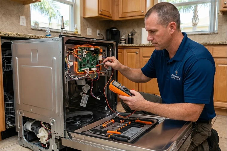 Professional technician diagnosing a dishwasher control board in an Orlando kitchen using a multimeter and blue and orange tools.