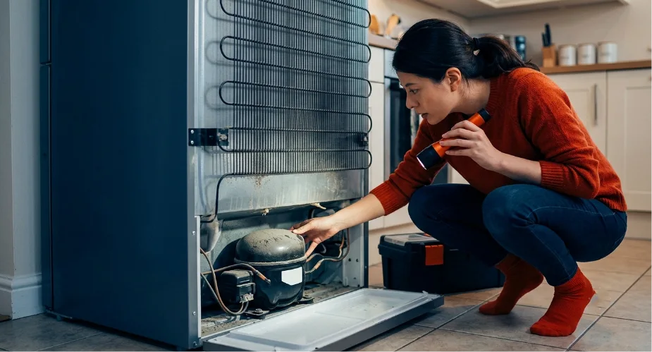 Woman using a flashlight to inspect the back condenser coils and compressor of a refrigerator not cooling in a kitchen.